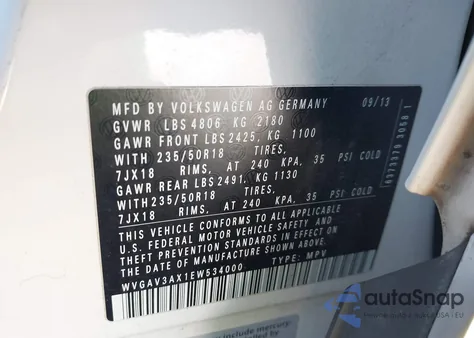 2014 Volkswagen Tiguan Sel from USA, damaged, VIN WVGAV3AX1EW534000